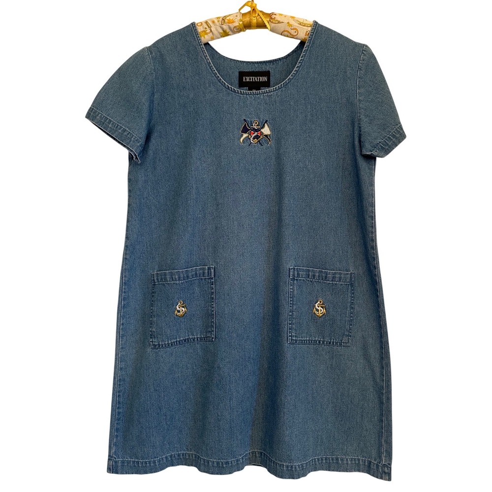 Vintage Exclamation Denim Shift Dress Women's Sz M Petite Embroidered Nautical‎